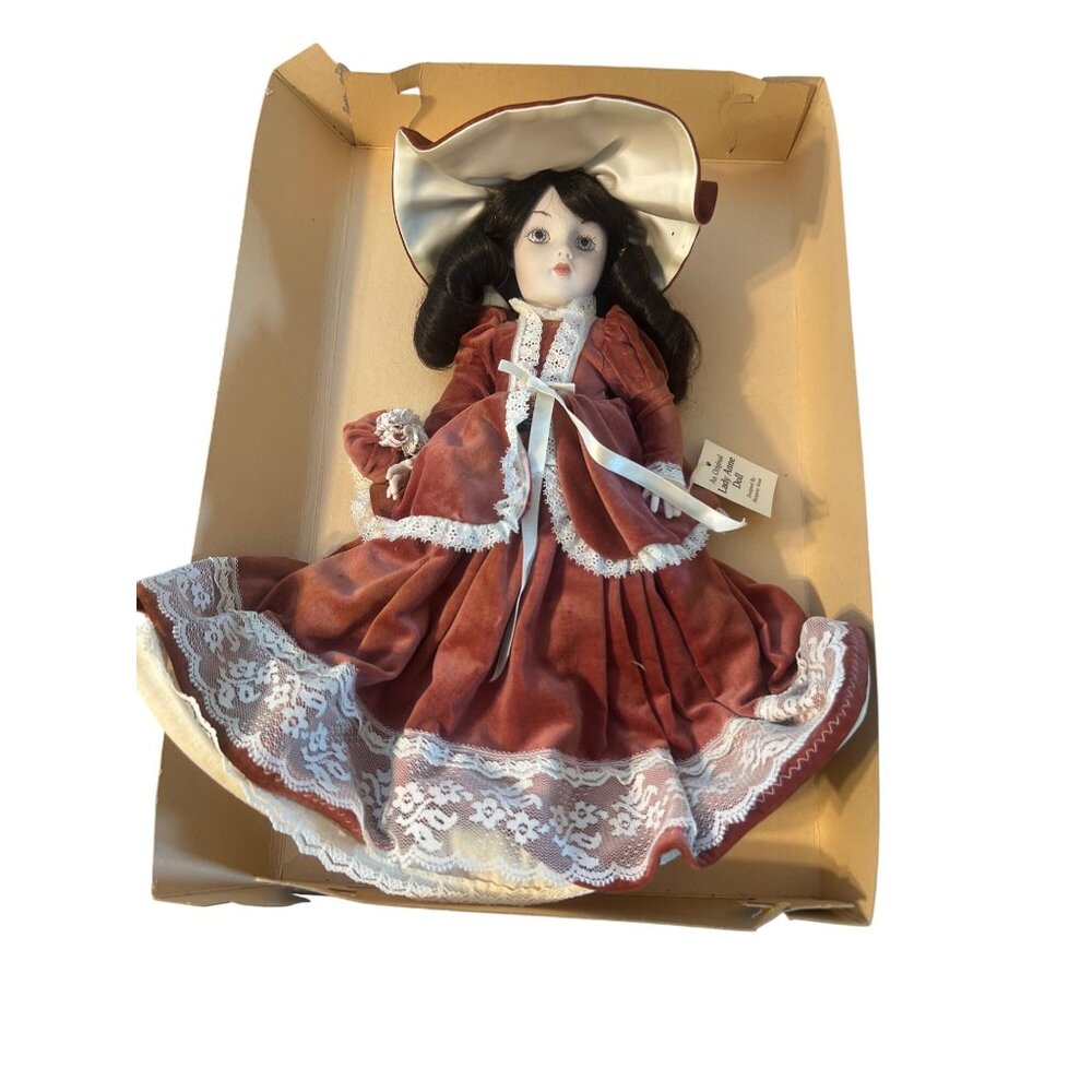 Vintage Lady Anne Porcelain Doll Mauve Velvet Dress Lace Ribbon Original Box